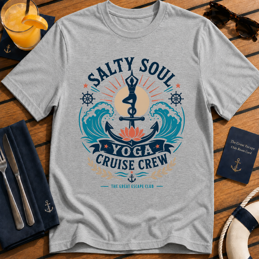 Salty Soul Yoga Cruise Crew nautical yoga t-shirt design on Sport Grey shirt