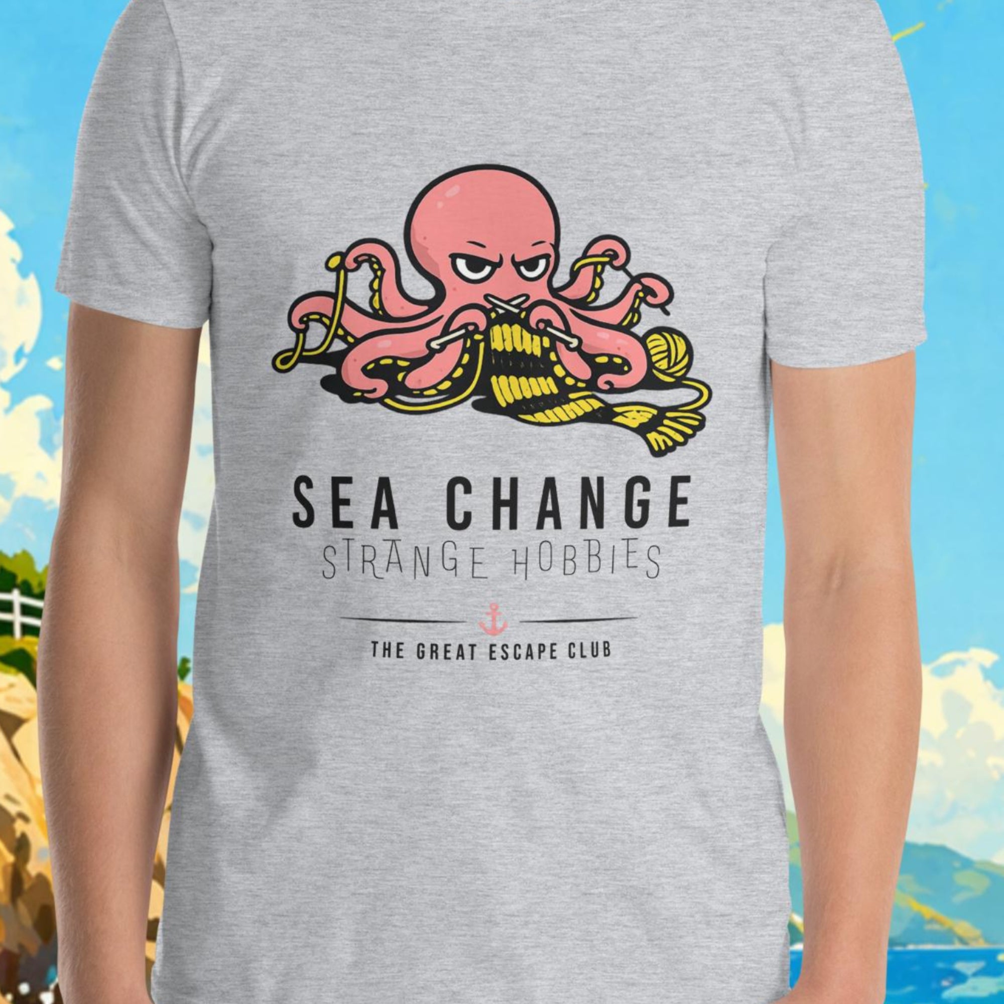 Person wearing a t-shirt with an octopus design and text, set against a scenic background with a lighthouse and sailboat.