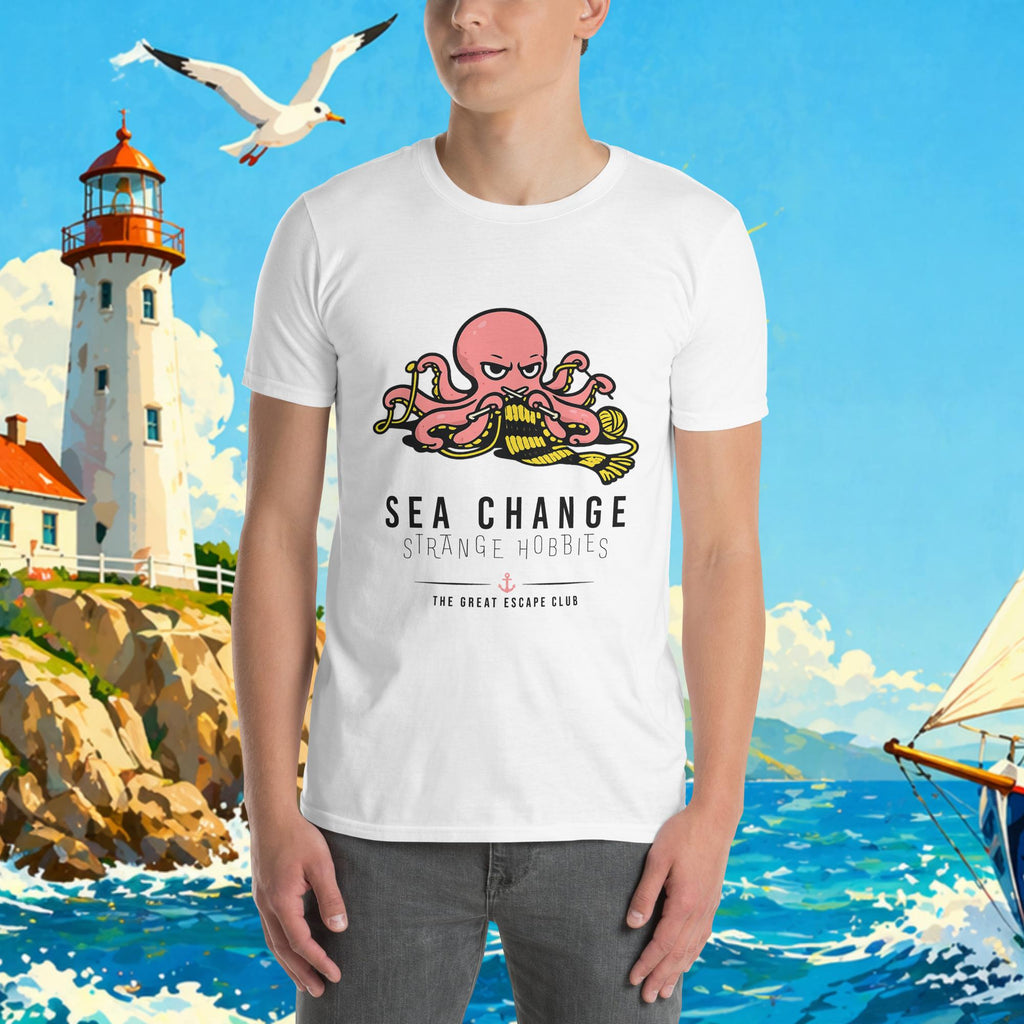 Person wearing a white t-shirt with an octopus graphic and text, set against a scenic background with a lighthouse and sailboat.