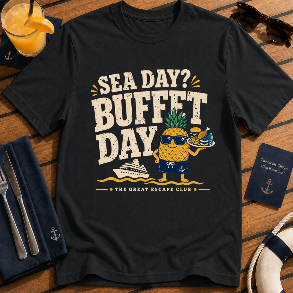 Sea Day Buffet Day funny cruise buffet black  t-shirt for foodies and sea day snack lovers by The Great Escape Club