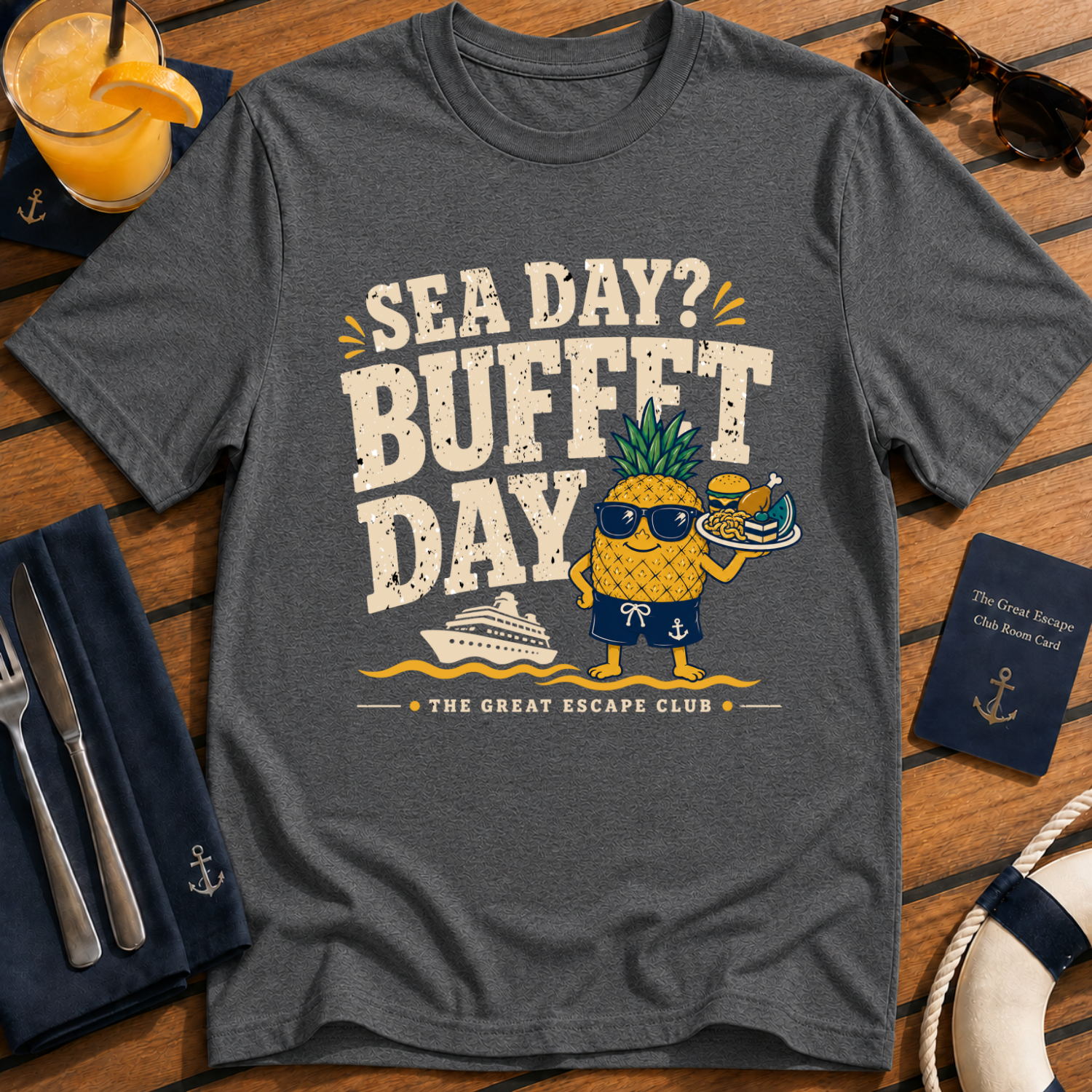 Sea Day Buffet Day funny cruise buffet dark grey t-shirt for foodies and sea day snack lovers by The Great Escape Club