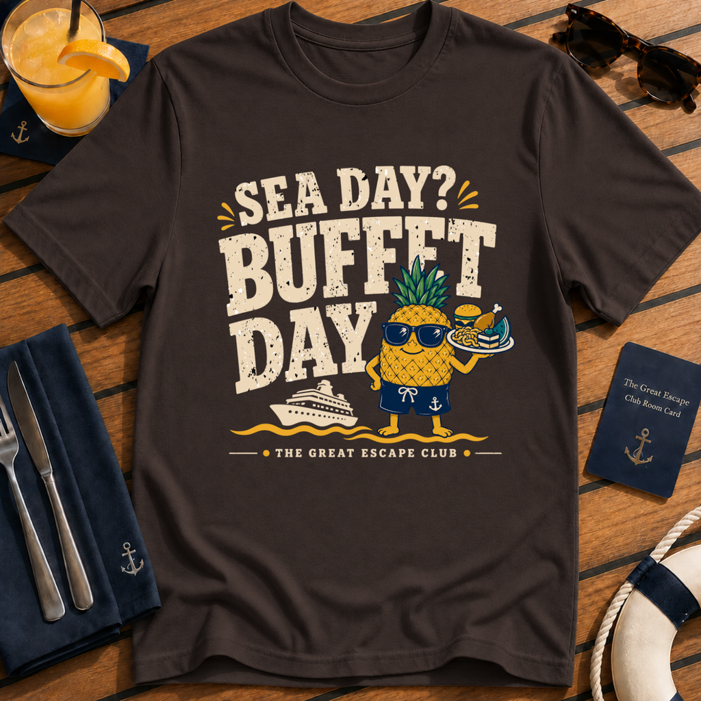 Sea Day Buffet Day funny cruise buffet dark brown t-shirt for foodies and sea day snack lovers by The Great Escape Club