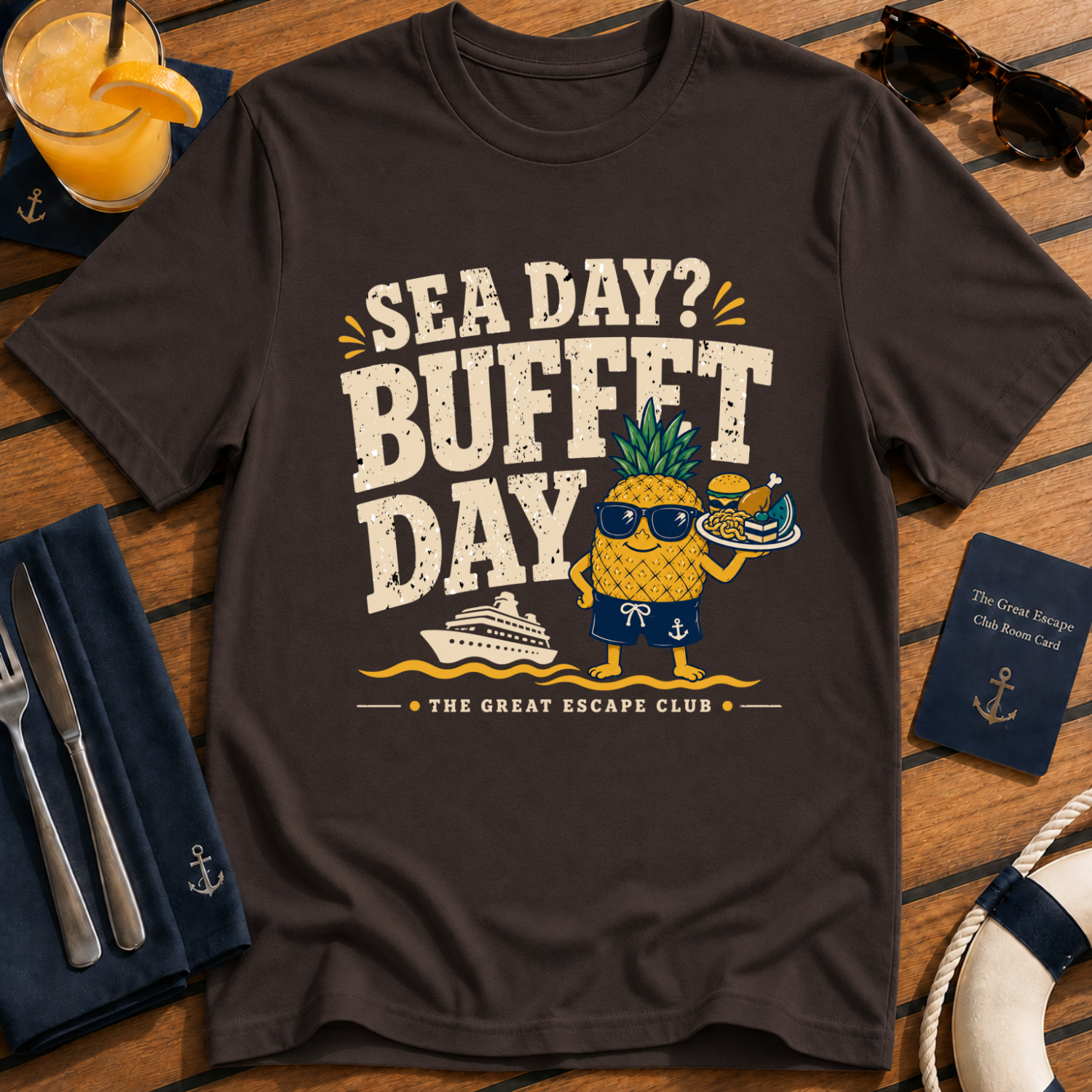 Sea Day Buffet Day funny cruise buffet dark brown t-shirt for foodies and sea day snack lovers by The Great Escape Club