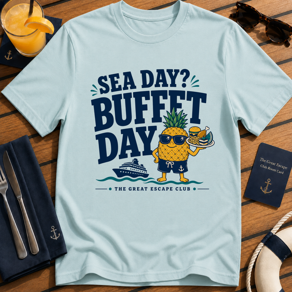 Sea Day Buffet Day funny cruise buffet light blue t-shirt for foodies and sea day snack lovers by The Great Escape Club