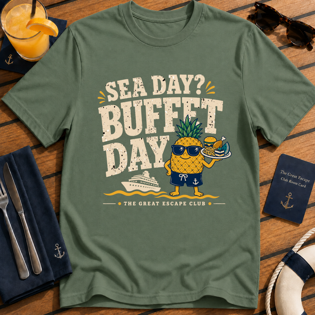 Sea Day Buffet Day funny cruise buffet military green t-shirt for foodies and sea day snack lovers by The Great Escape Club