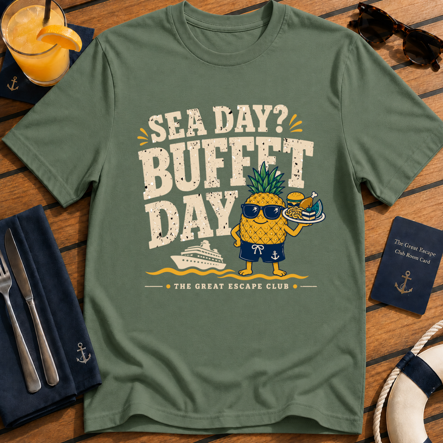 Sea Day Buffet Day funny cruise buffet military green t-shirt for foodies and sea day snack lovers by The Great Escape Club
