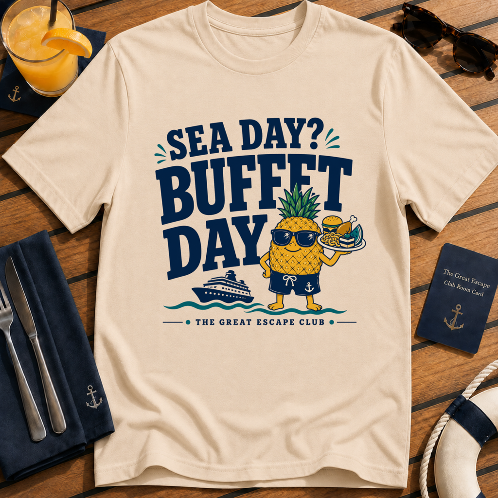 Sea Day Buffet Day funny cruise buffet natural t-shirt for foodies and sea day snack lovers by The Great Escape Club