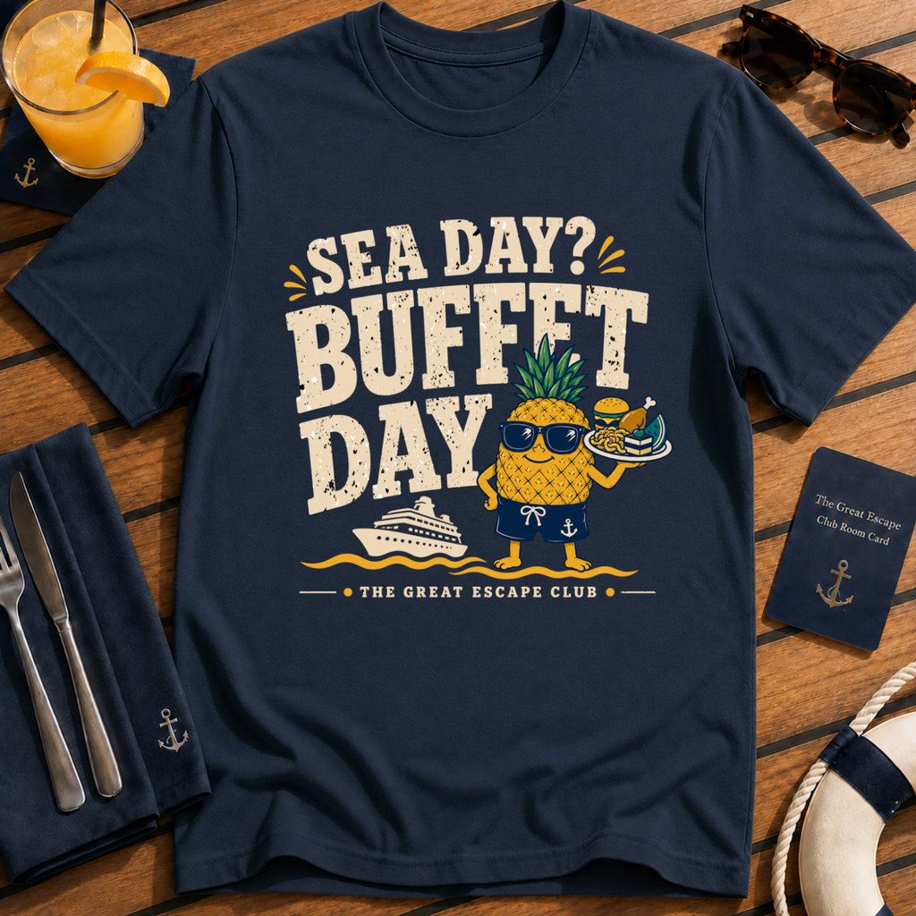 Sea Day Buffet Day funny cruise buffet navy t-shirt for foodies and sea day snack lovers by The Great Escape Club