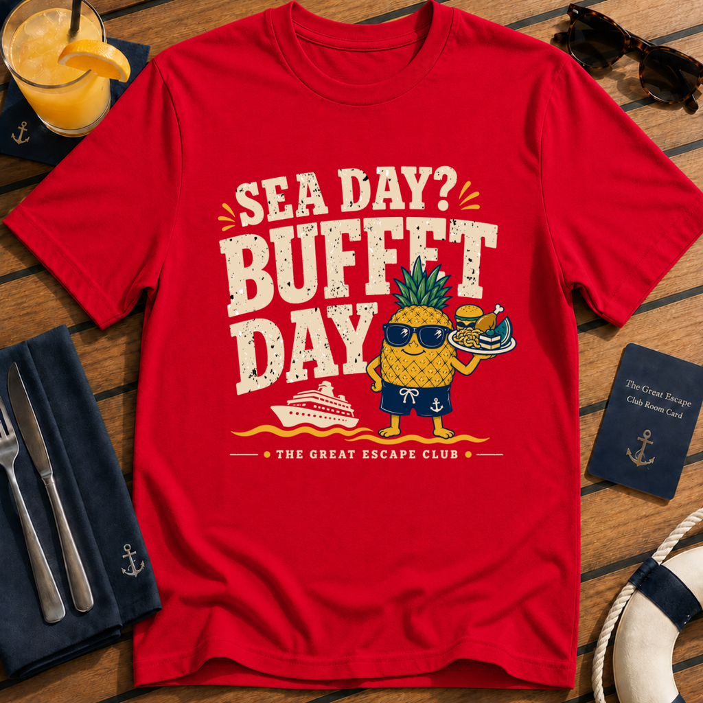 Sea Day Buffet Day funny cruise buffet red t-shirt for foodies and sea day snack lovers by The Great Escape Club