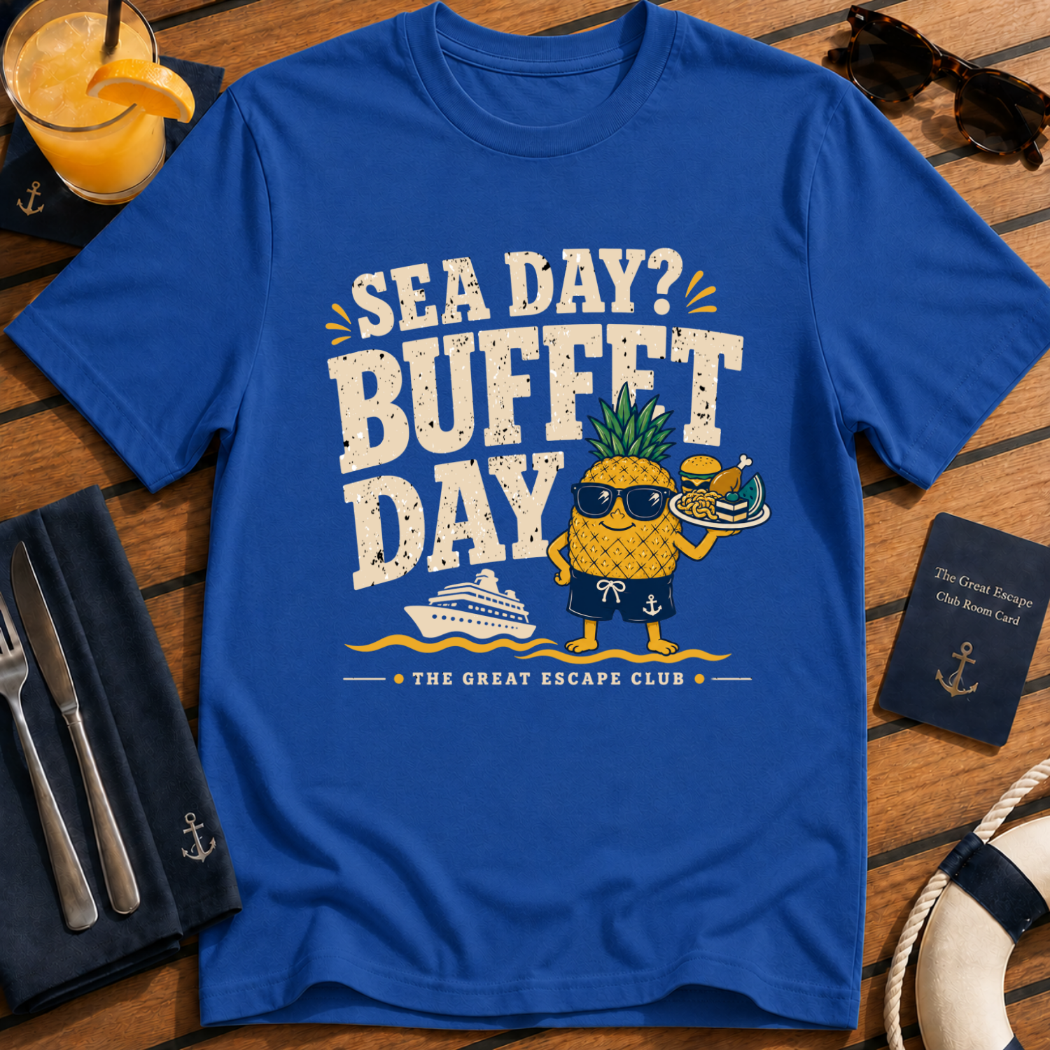 Sea Day Buffet Day funny cruise buffet royal blue t-shirt for foodies and sea day snack lovers by The Great Escape Club