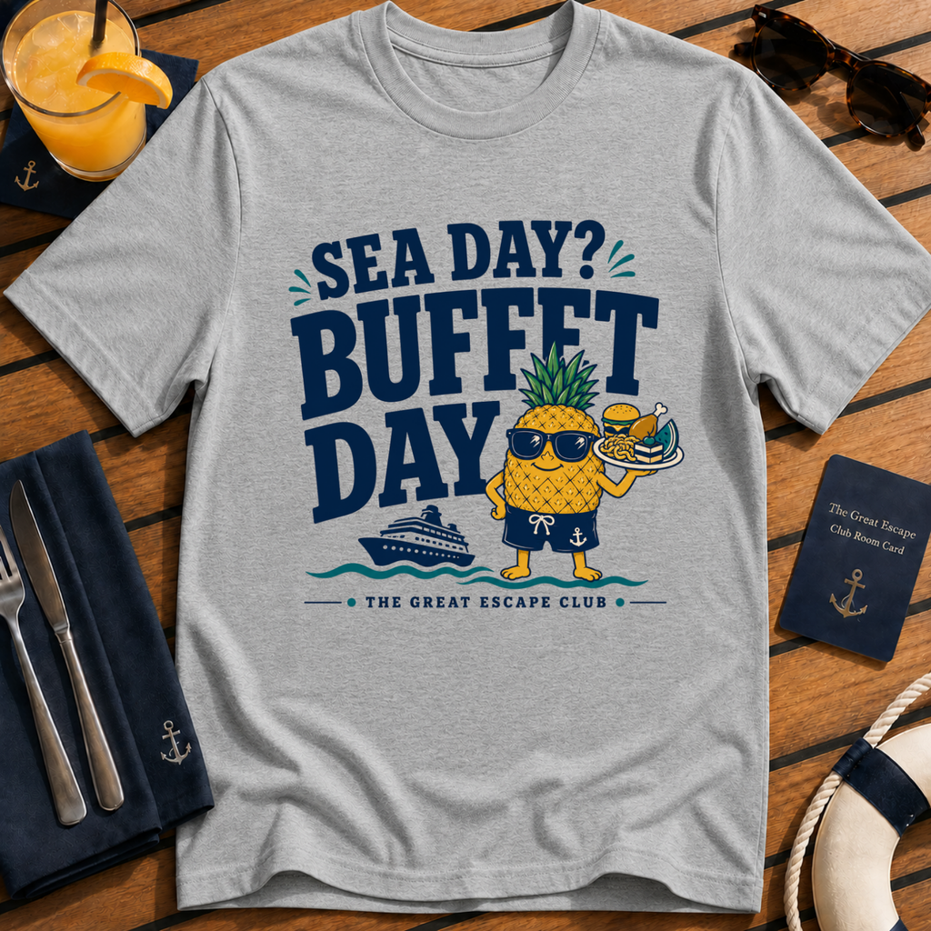 Sea Day Buffet Day funny cruise buffet sports grey t-shirt for foodies and sea day snack lovers by The Great Escape Club