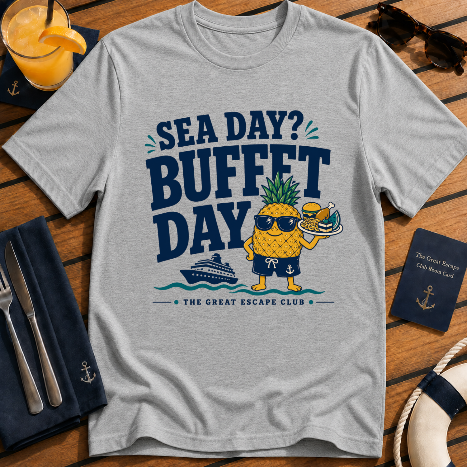 Sea Day Buffet Day funny cruise buffet sports grey t-shirt for foodies and sea day snack lovers by The Great Escape Club