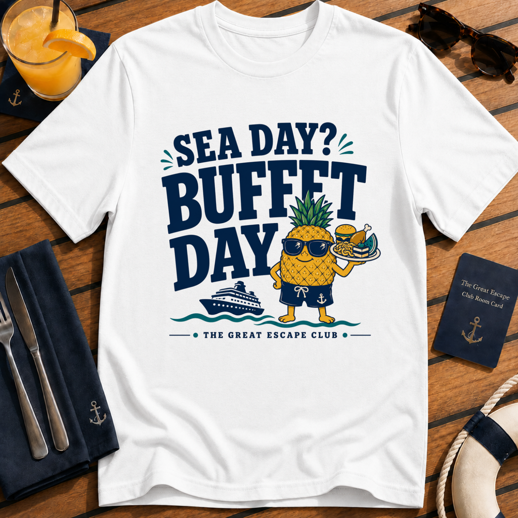 Sea Day Buffet Day funny cruise buffet white t-shirt for foodies and sea day snack lovers by The Great Escape Club