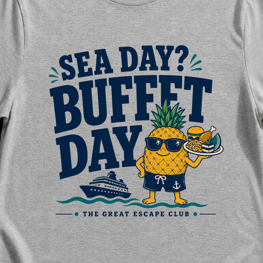 Sea Day Buffet Day funny cruise buffet grey close-up t-shirt for foodies and sea day snack lovers by The Great Escape Club