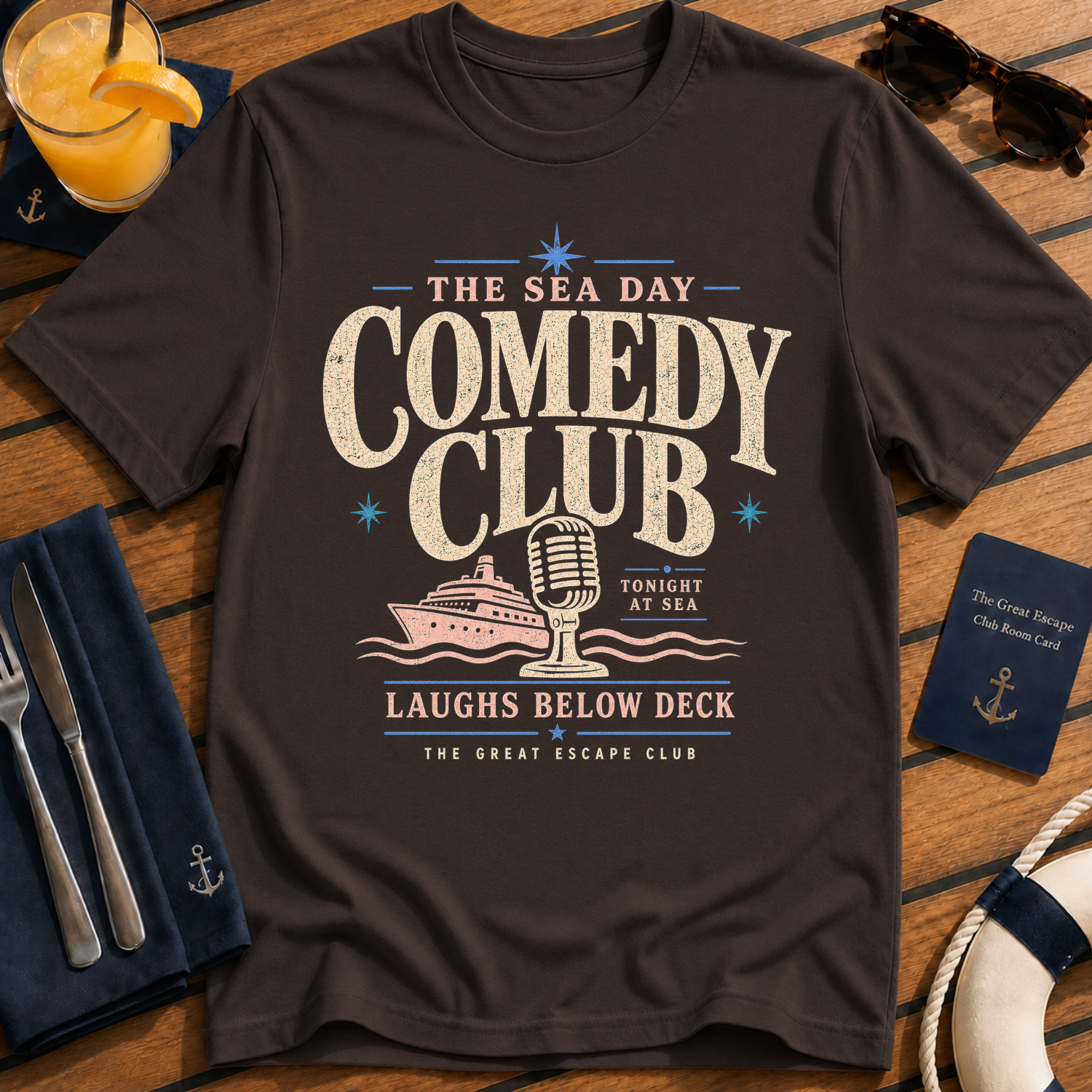 Sea Day Comedy Club funny cruise comedy t-shirt design on Dark Chocolate shirt