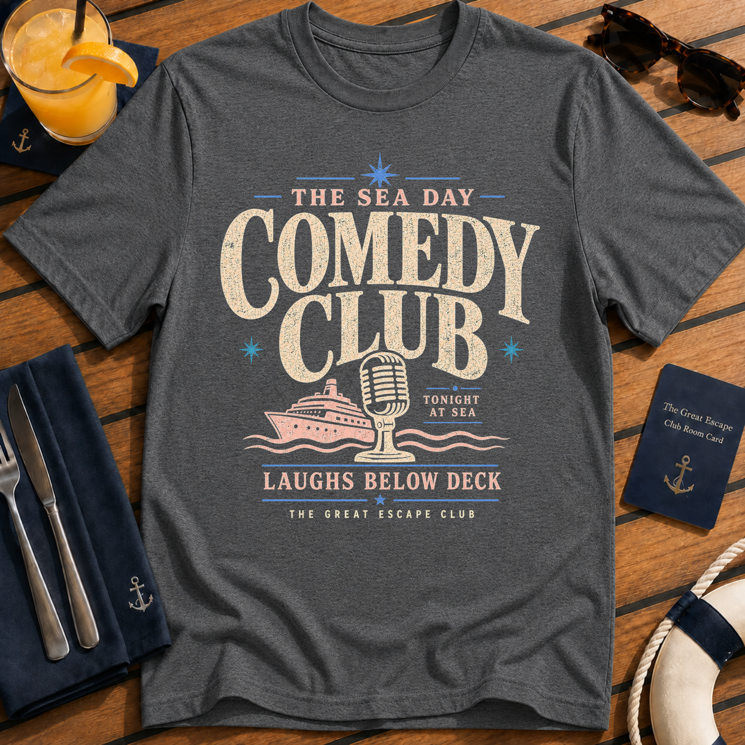 Sea Day Comedy Club funny cruise comedy t-shirt design on Dark Heather shirt