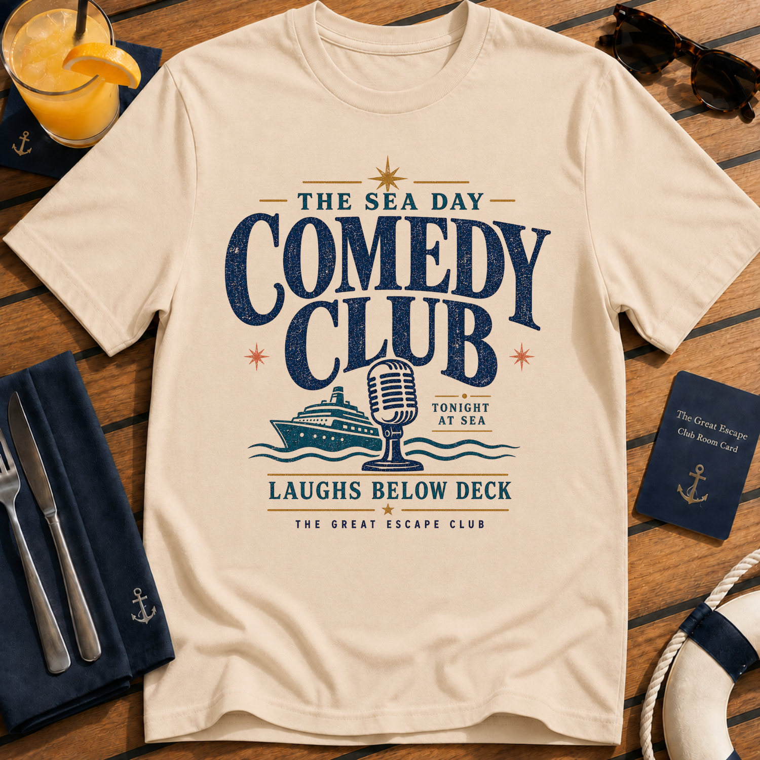 Sea Day Comedy Club funny cruise comedy t-shirt design on Natural shirt