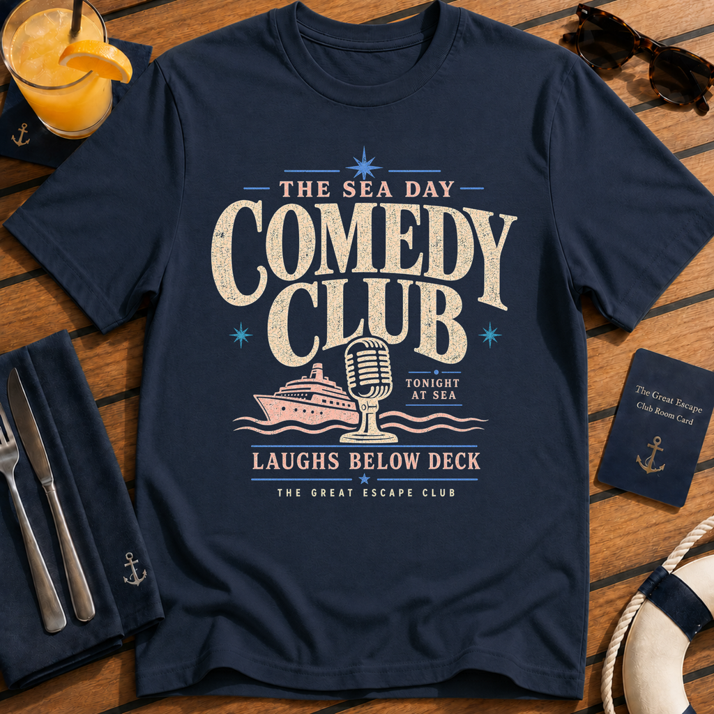 Sea Day Comedy Club funny cruise comedy t-shirt design on Navy shirt