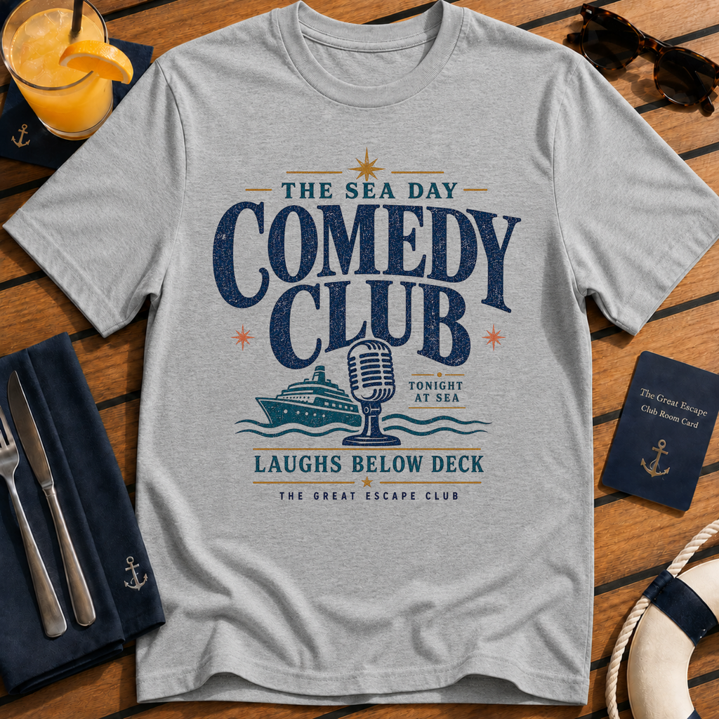Sea Day Comedy Club funny cruise comedy t-shirt design on Sport Grey shirt