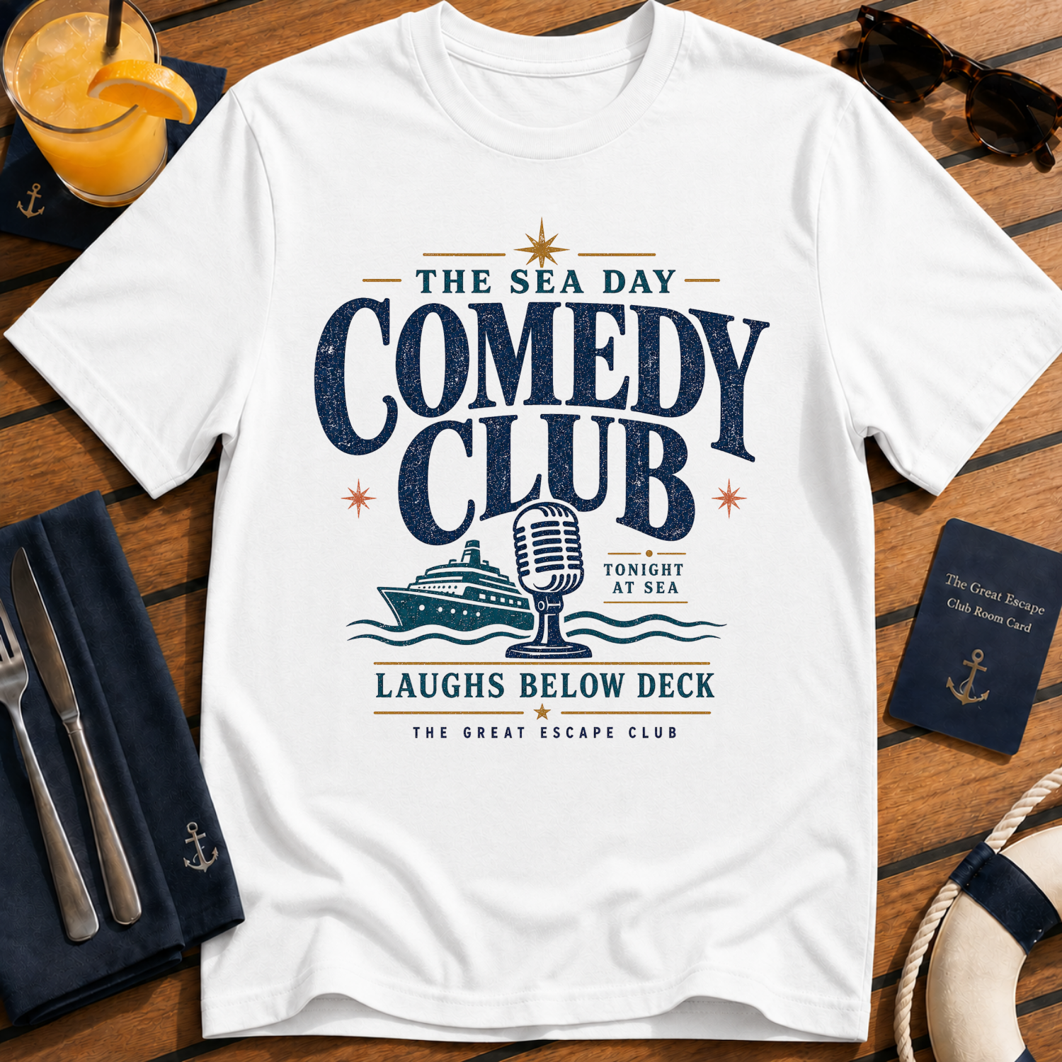 Sea Day Comedy Club funny cruise comedy t-shirt design on White shirt