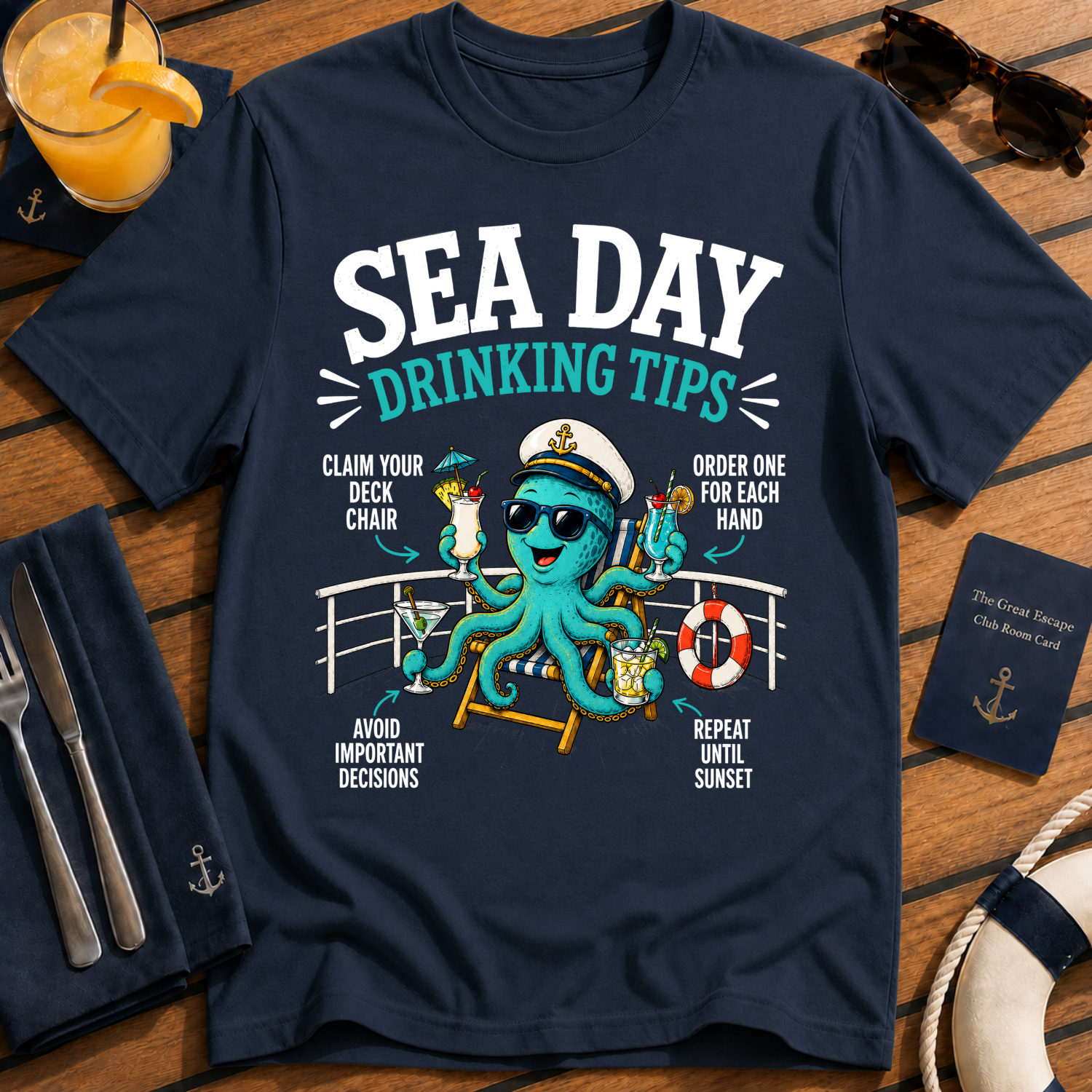 Sea Day Drinking Tips funny sea day drinking cruise t-shirt design on Navy shirt