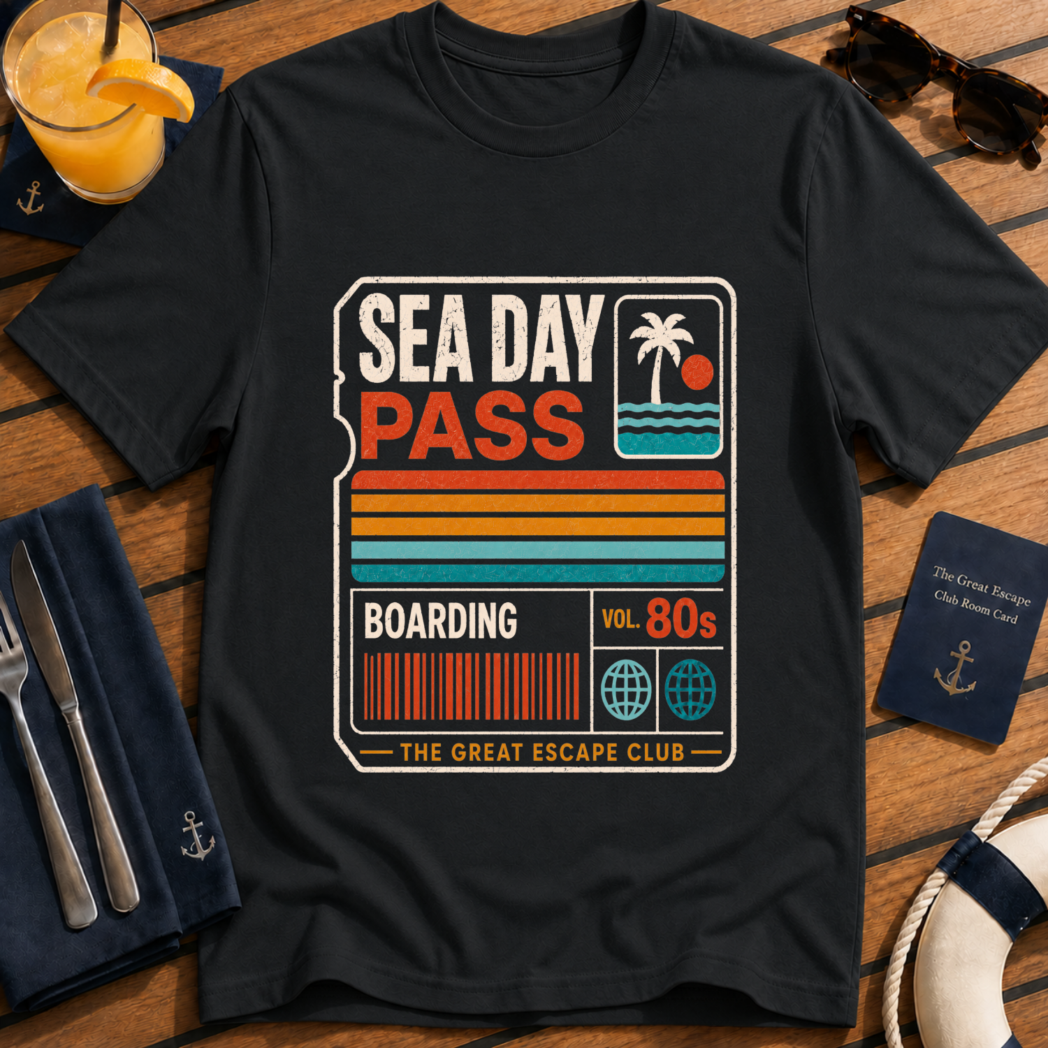 Sea Day Pass retro cruise boarding t-shirt design on Black shirt