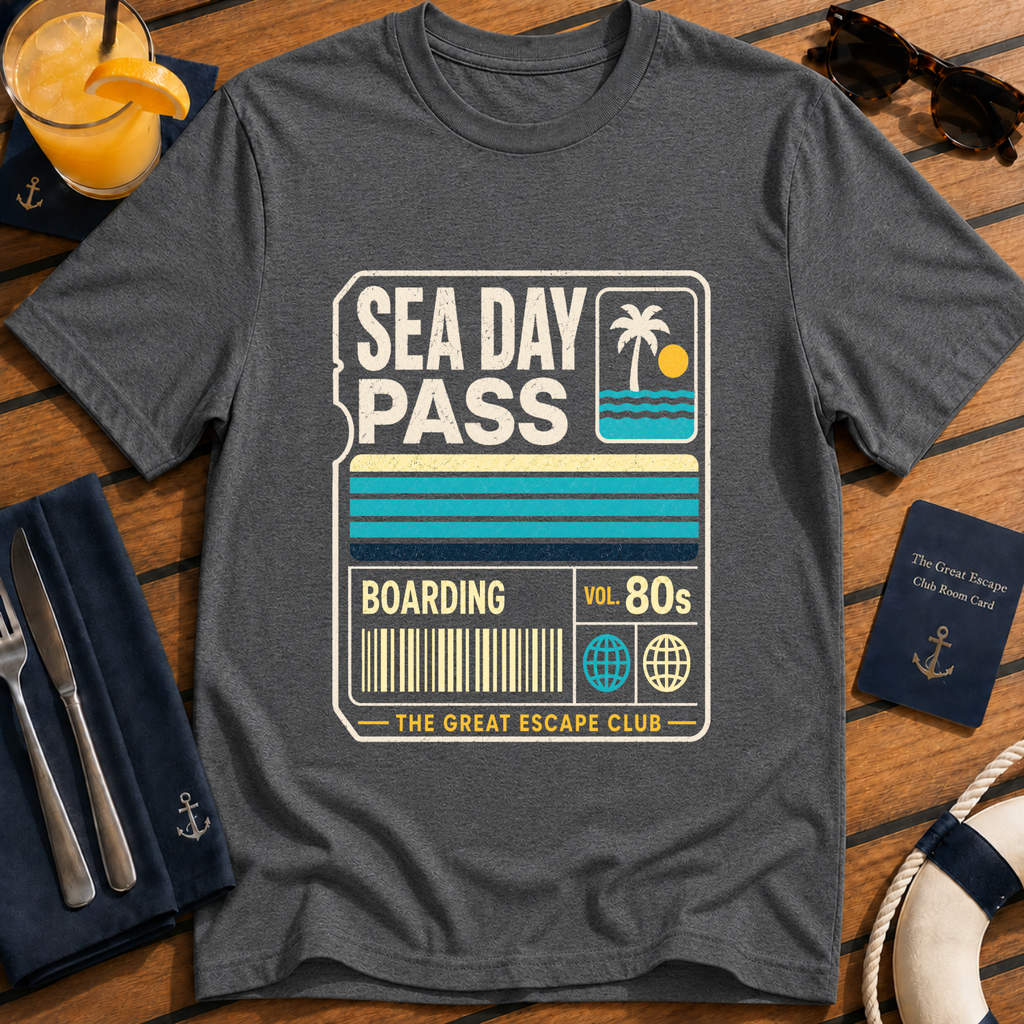 Sea Day Pass retro cruise boarding t-shirt design on Dark Heather shirt