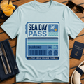 Sea Day Pass retro cruise boarding t-shirt design on Light Blue shirt
