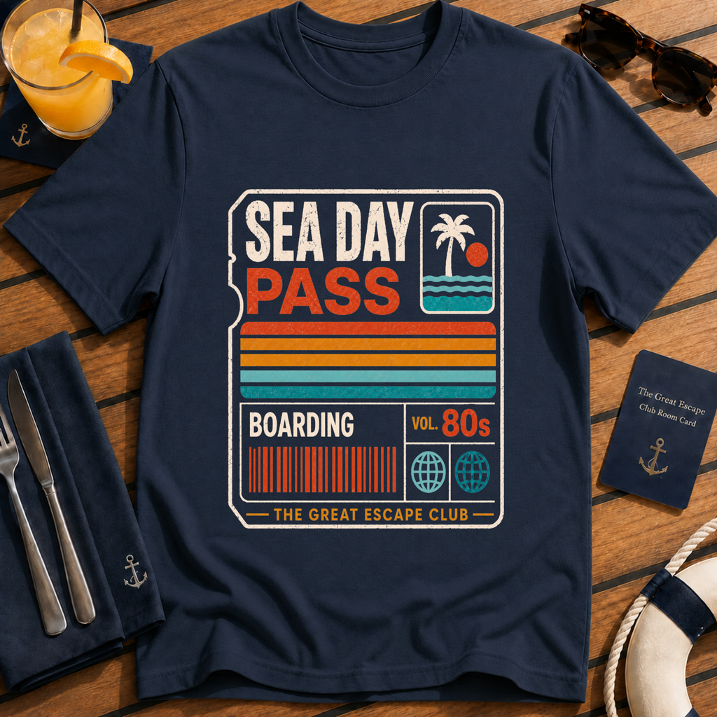 Sea Day Pass retro cruise boarding t-shirt design on Navy shirt