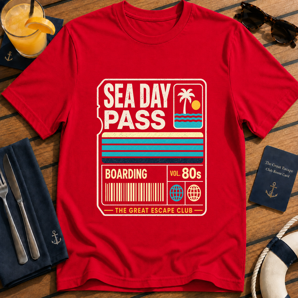 Sea Day Pass retro cruise boarding t-shirt design on Red shirt