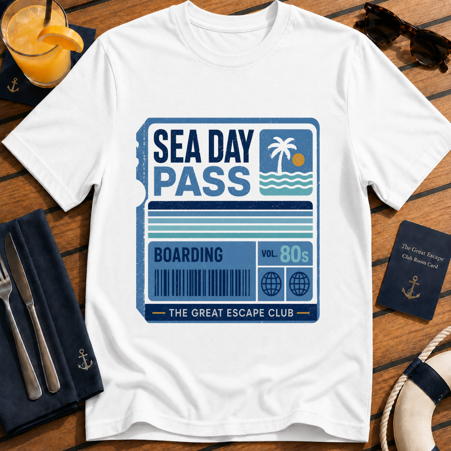 Sea Day Pass retro cruise boarding t-shirt design on White shirt