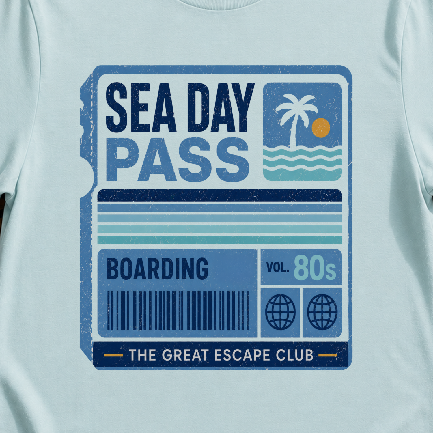 Sea Day Pass retro cruise boarding t-shirt design on Royal Blue shirt