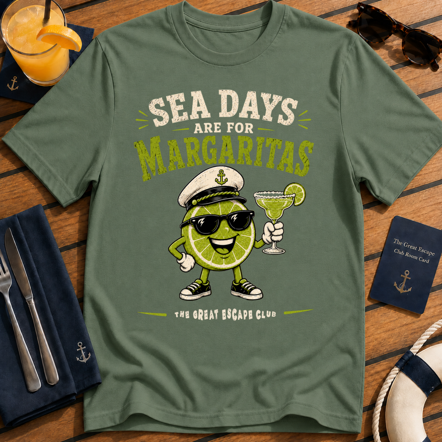 Sea Days Are for Margaritas funny cruise cocktail t-shirt design on Military Green shirt