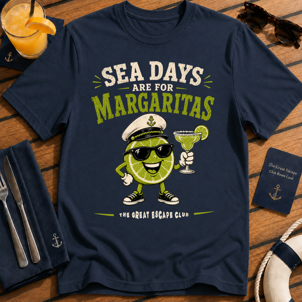 Sea Days Are for Margaritas funny cruise cocktail t-shirt design on Navy shirt