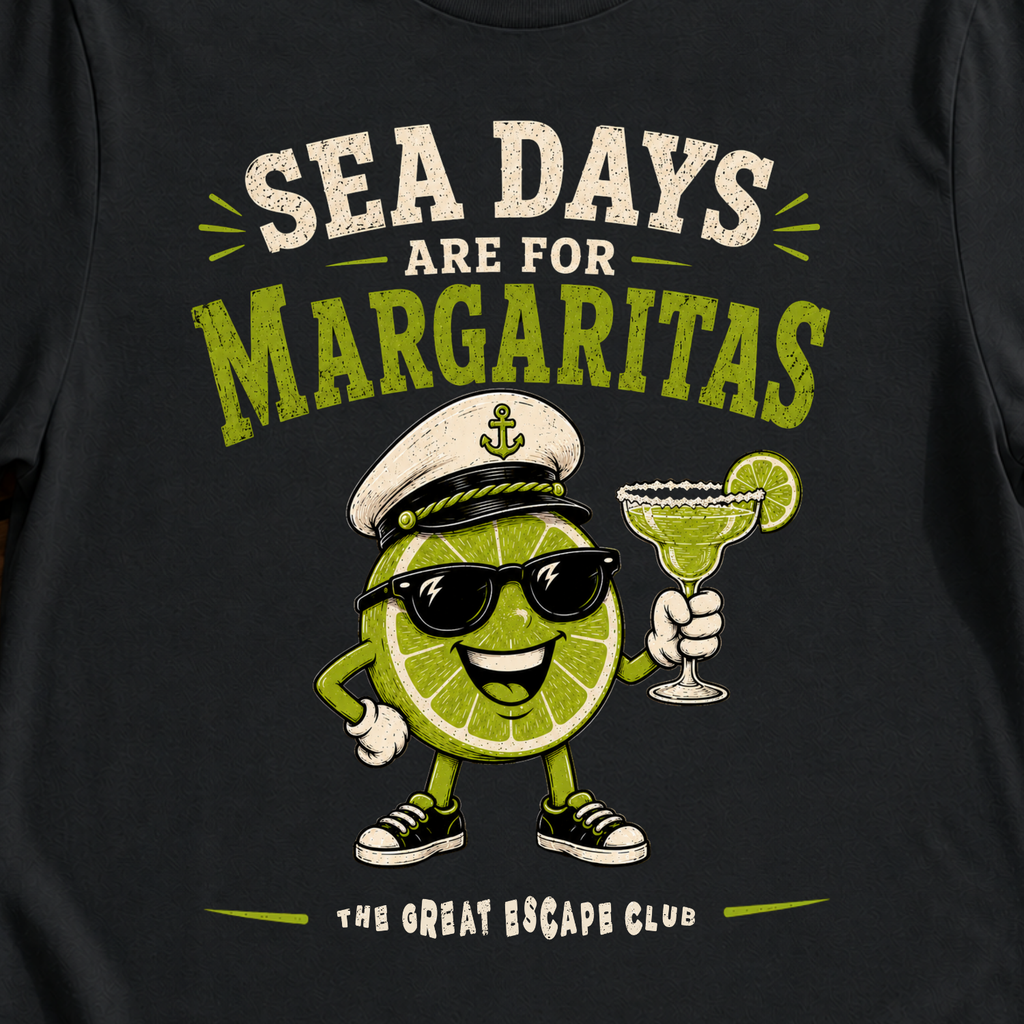 Sea Days Are for Margaritas funny cruise cocktail t-shirt design on Black shirt