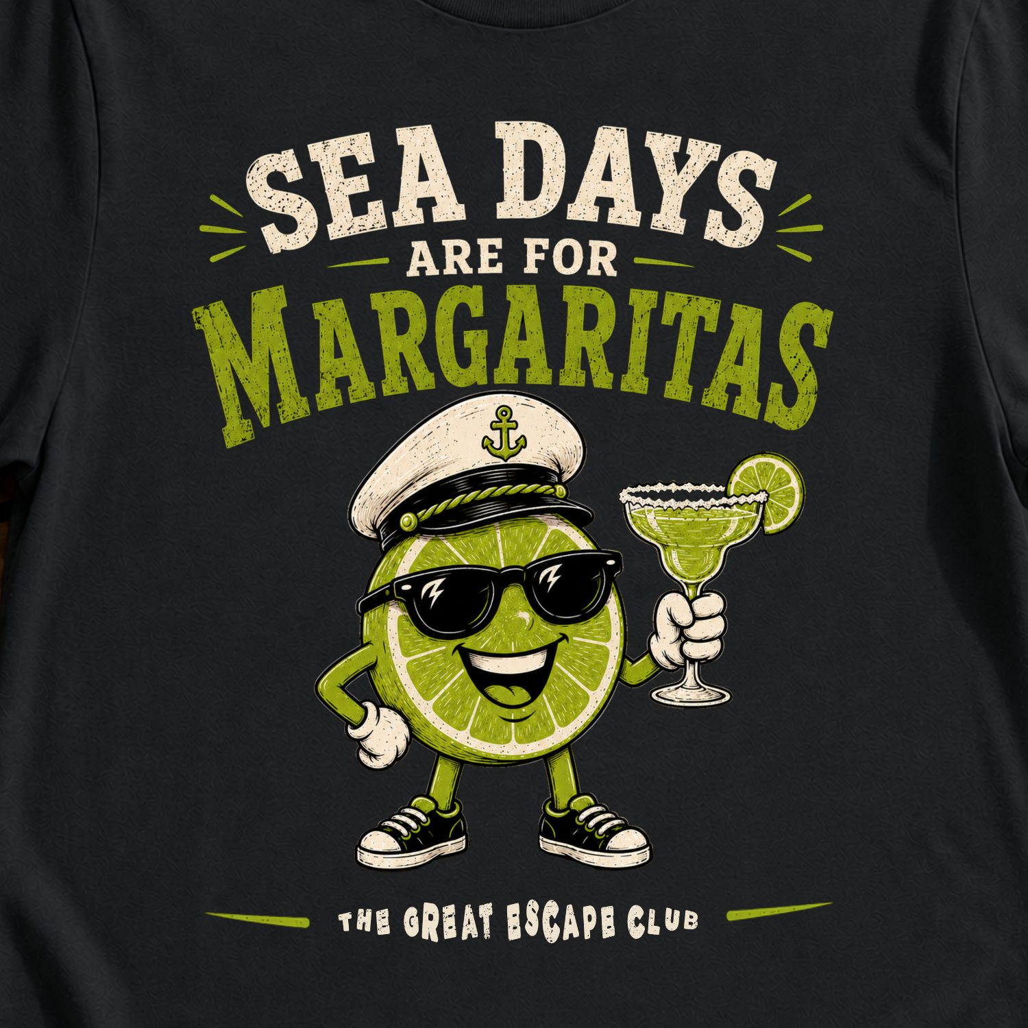 Sea Days Are for Margaritas funny cruise cocktail t-shirt design on Black shirt
