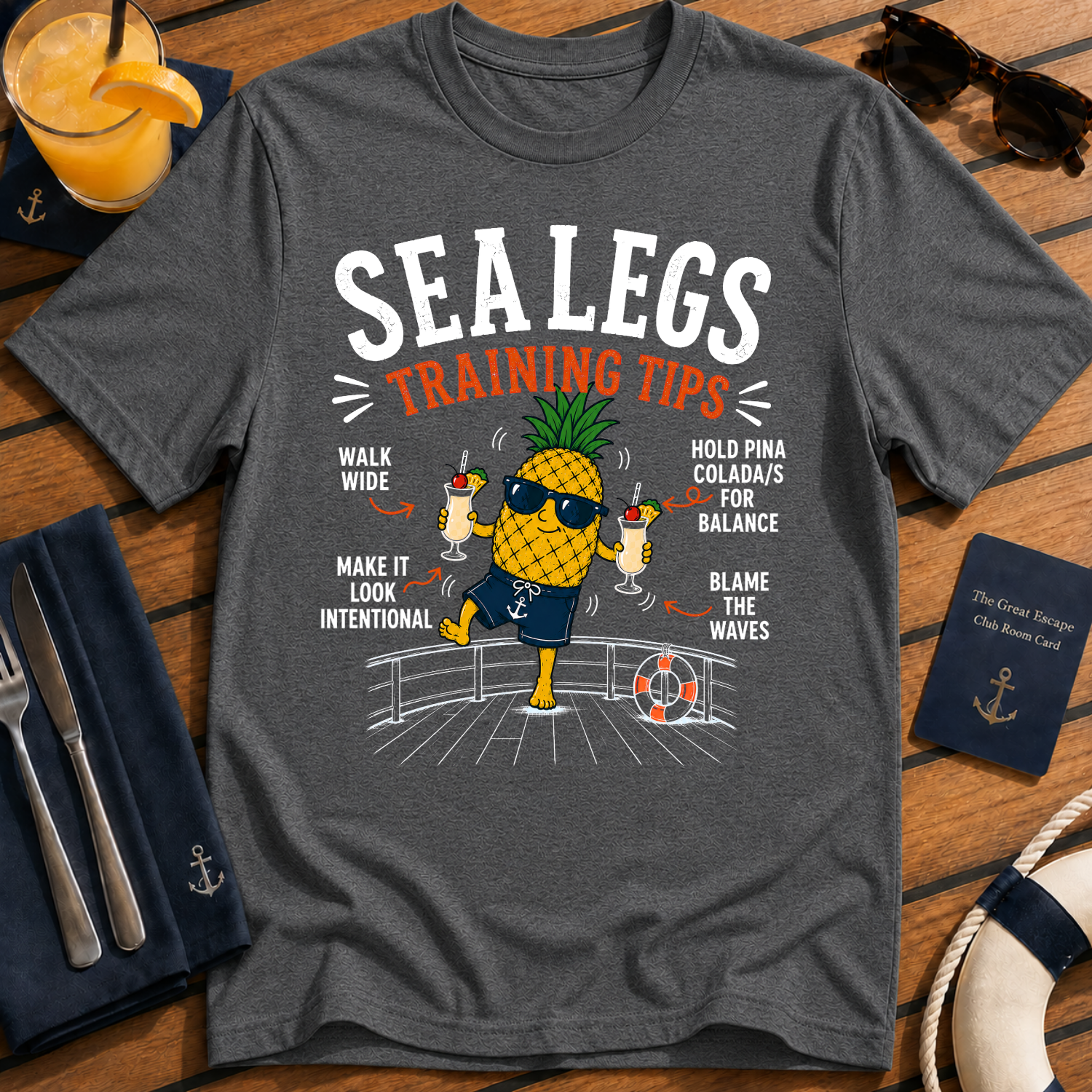 Sea Legs Training Tips funny pineapple cruise t-shirt design on Dark Heather shirt