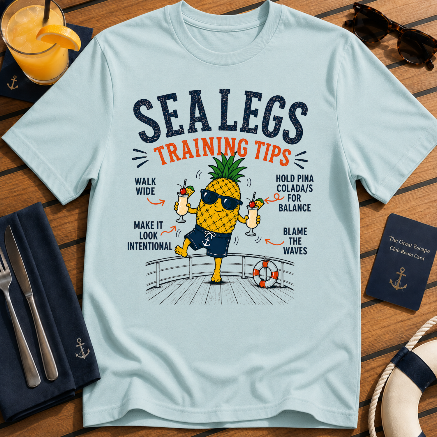 Sea Legs Training Tips funny pineapple cruise t-shirt design on Light Blue shirt