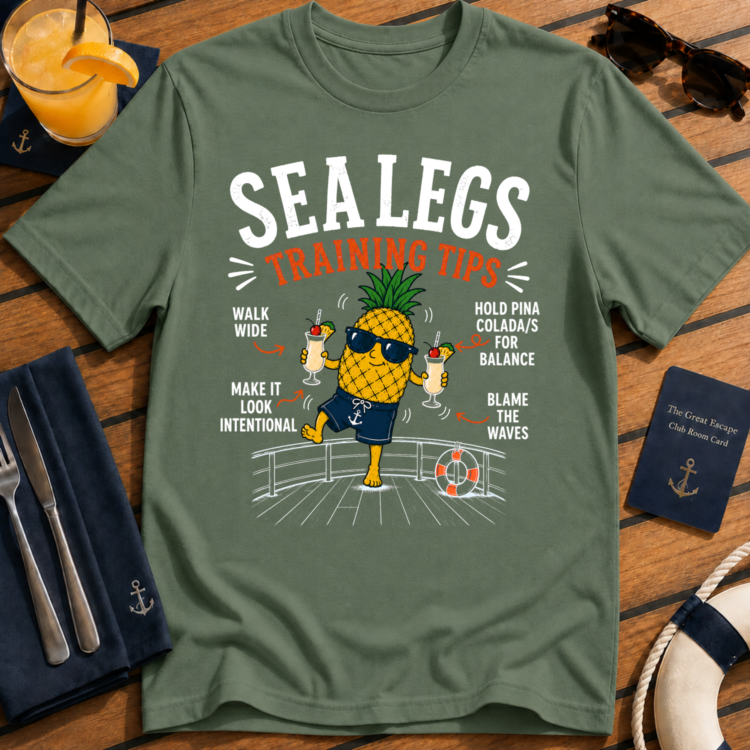 Sea Legs Training Tips funny pineapple cruise t-shirt design on Military Green shirt