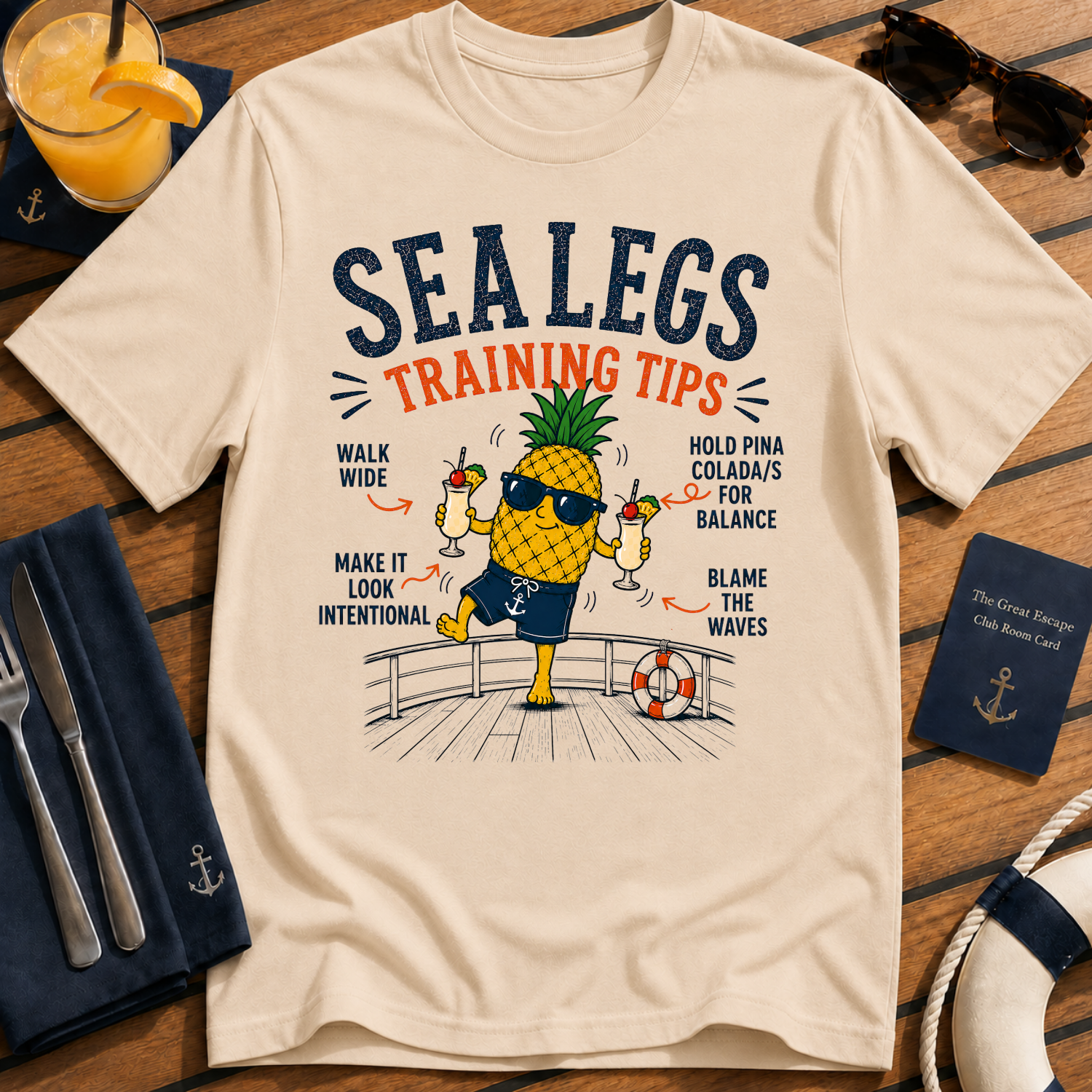 Sea Legs Training Tips funny pineapple cruise t-shirt design on Natural shirt