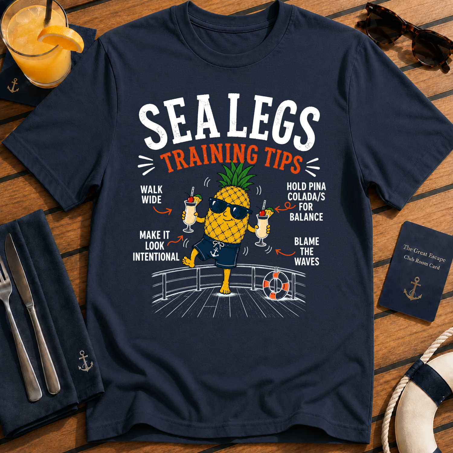 Sea Legs Training Tips funny pineapple cruise t-shirt design on Navy shirt