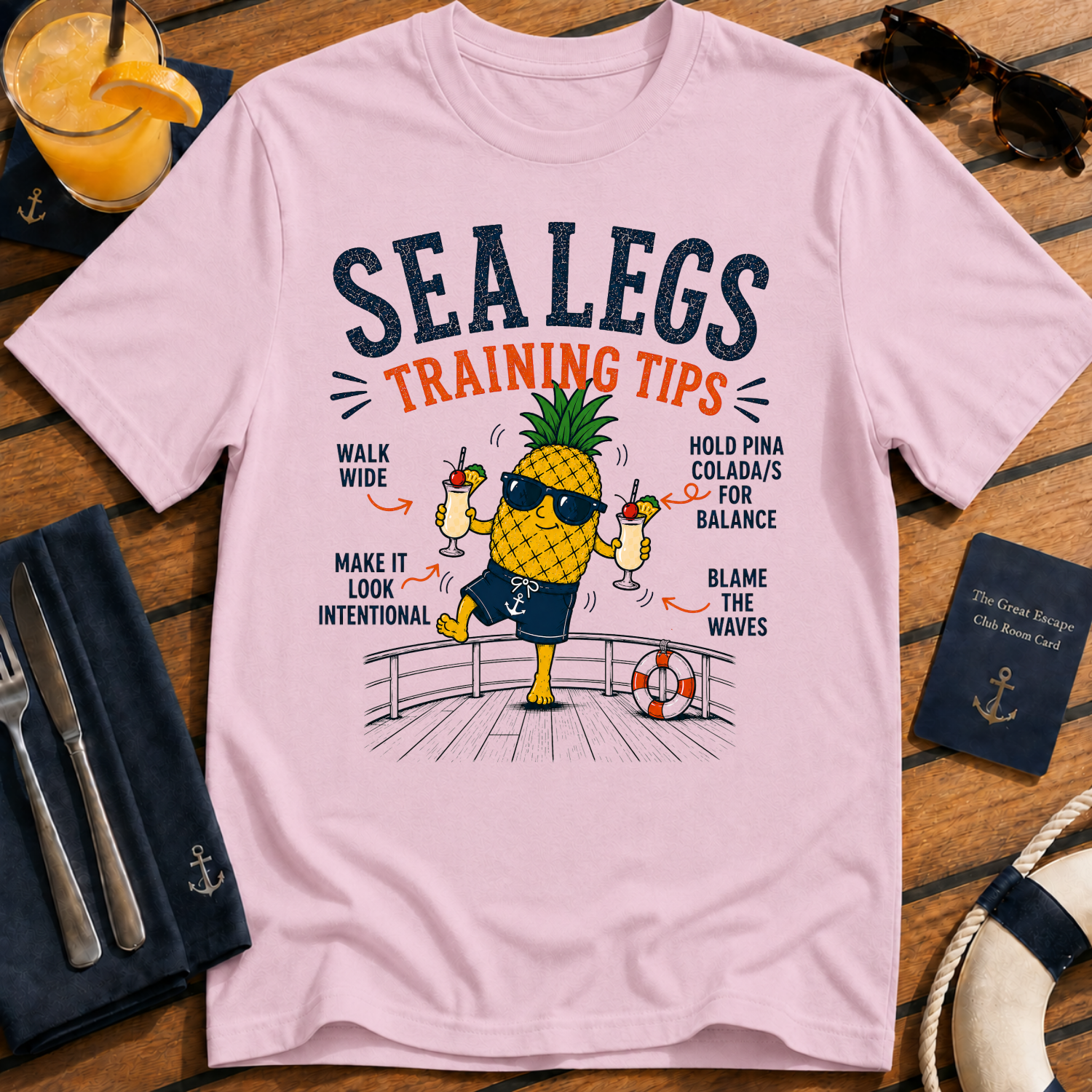 Sea Legs Training Tips funny pineapple cruise t-shirt design on Light Pink shirt