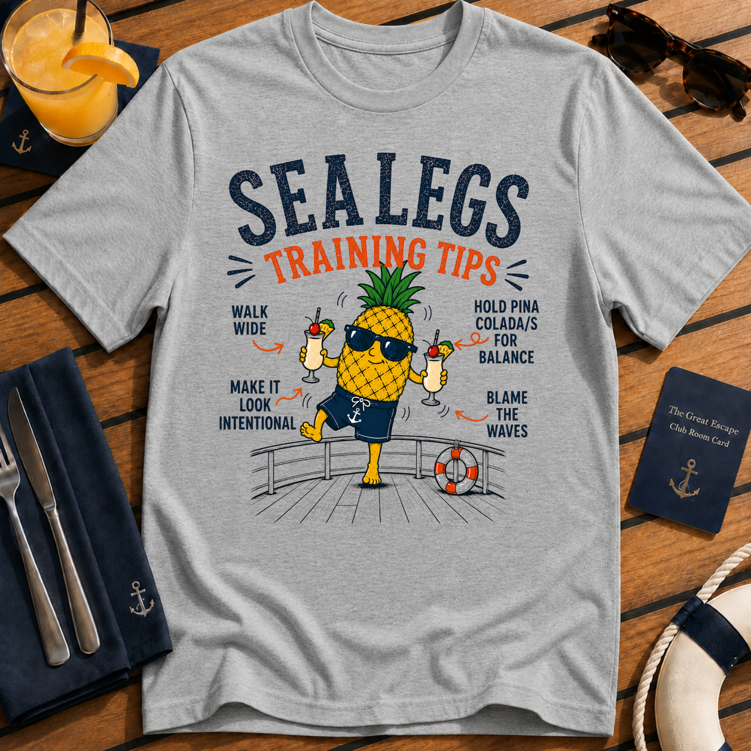 Sea Legs Training Tips funny pineapple cruise t-shirt design on Sport Grey shirt