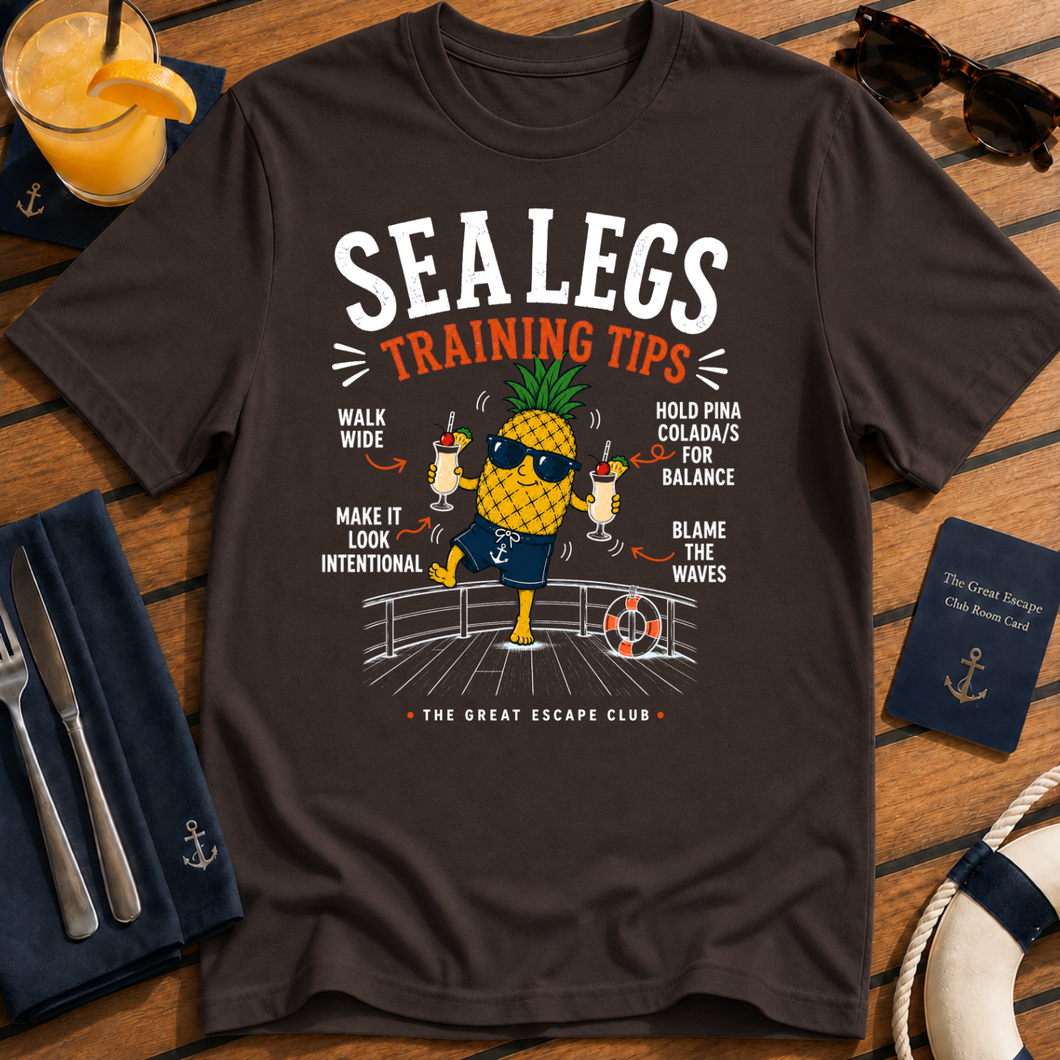 Sea Legs Training Tips funny pineapple cruise t-shirt design on Dark Chocolate shirt