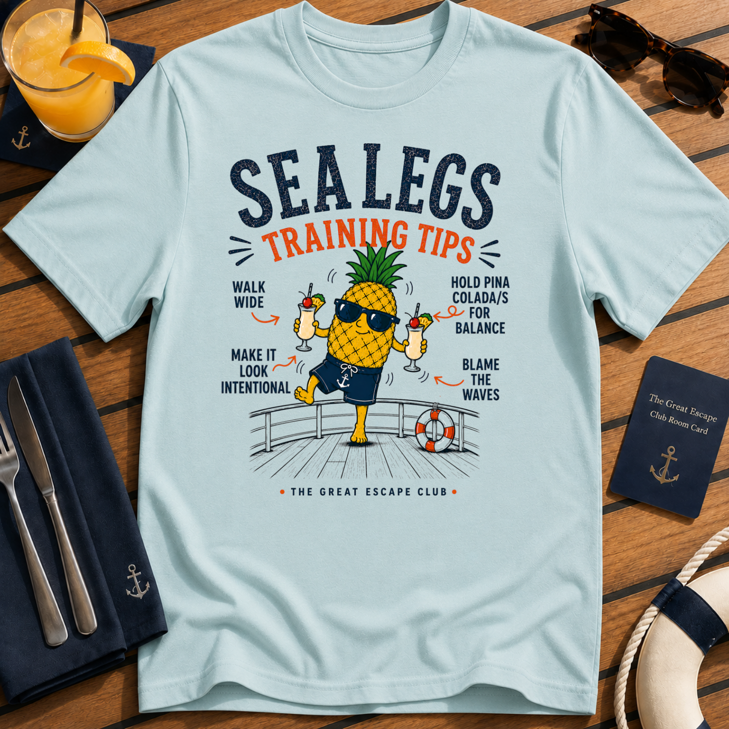 Sea Legs Training Tips funny pineapple cruise t-shirt design on Light Blue shirt