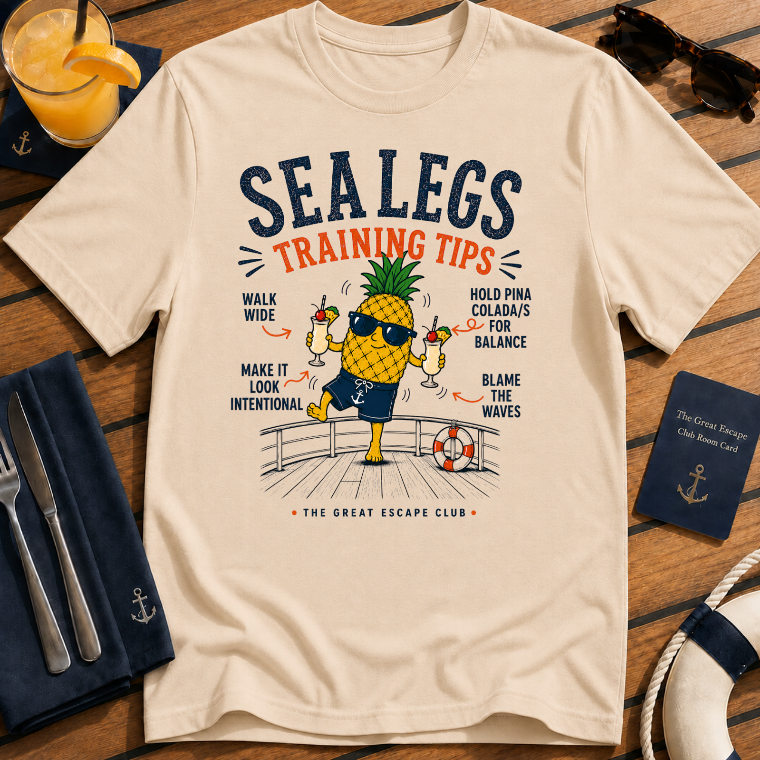 Sea Legs Training Tips funny pineapple cruise t-shirt design on Natural shirt