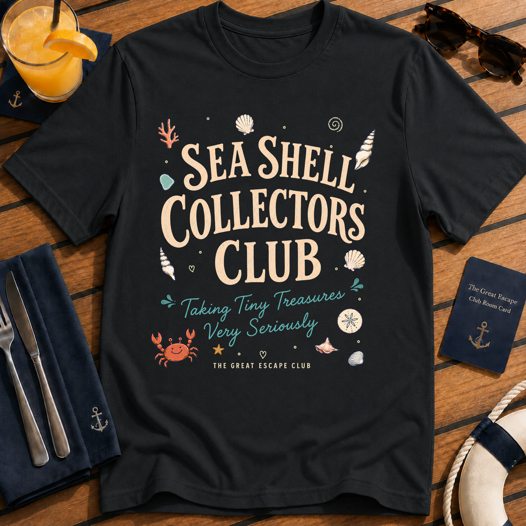 Sea Shell Collectors Club beachcombing cruise t-shirt design on Black shirt