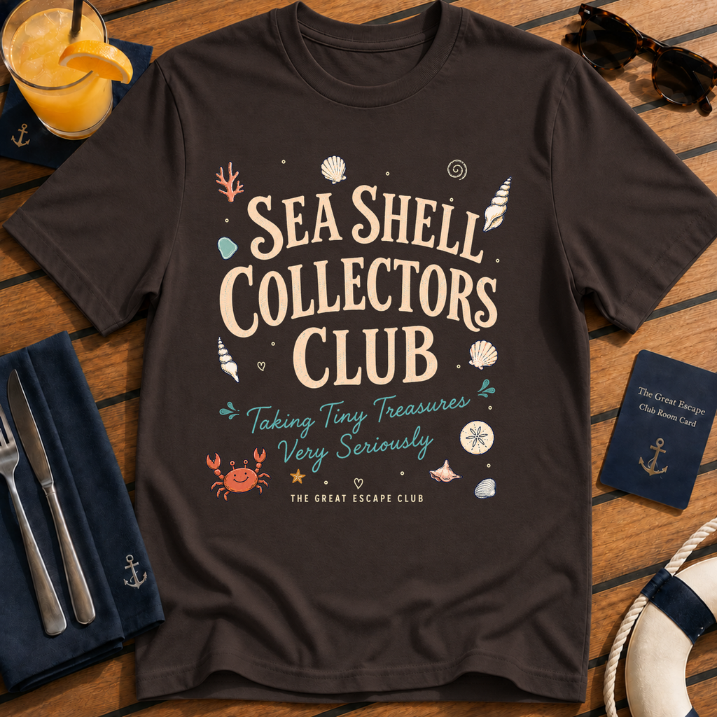 Sea Shell Collectors Club beachcombing cruise t-shirt design on Dark Chocolate shirt