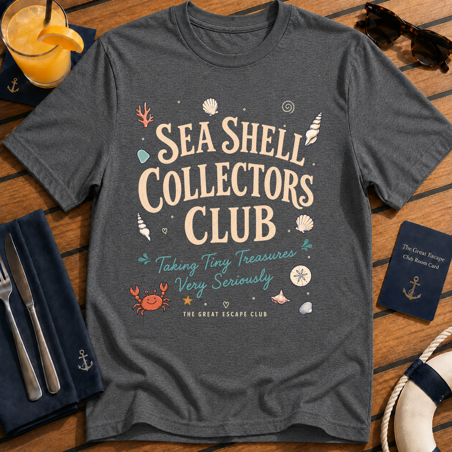 Sea Shell Collectors Club beachcombing cruise t-shirt design on Dark Heather shirt
