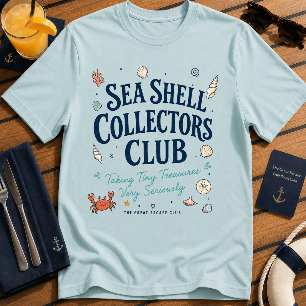 Sea Shell Collectors Club beachcombing cruise t-shirt design on Light Blue shirt
